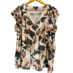 DKNY Womens Floral Ruffle Cap Sleeve Blouse Gold Metallic Stripe V-Neck Top L